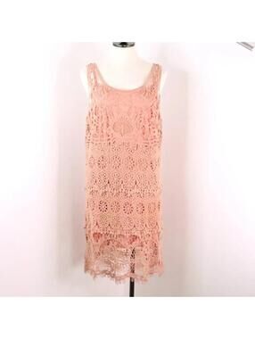 Pinky Crochet Lace Dress Women’s Medium Peach Boho Sleeveless Lined Summer